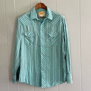 Vtg Wrangler Western Shirt Turquoise Stripe Pearl Snap Unisex Coastal Cowgirl